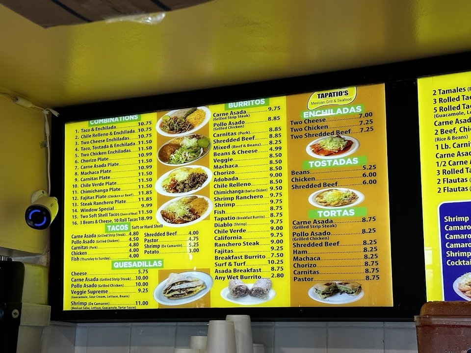 Restaurant menu with breakfast, lunch, and dinner items.